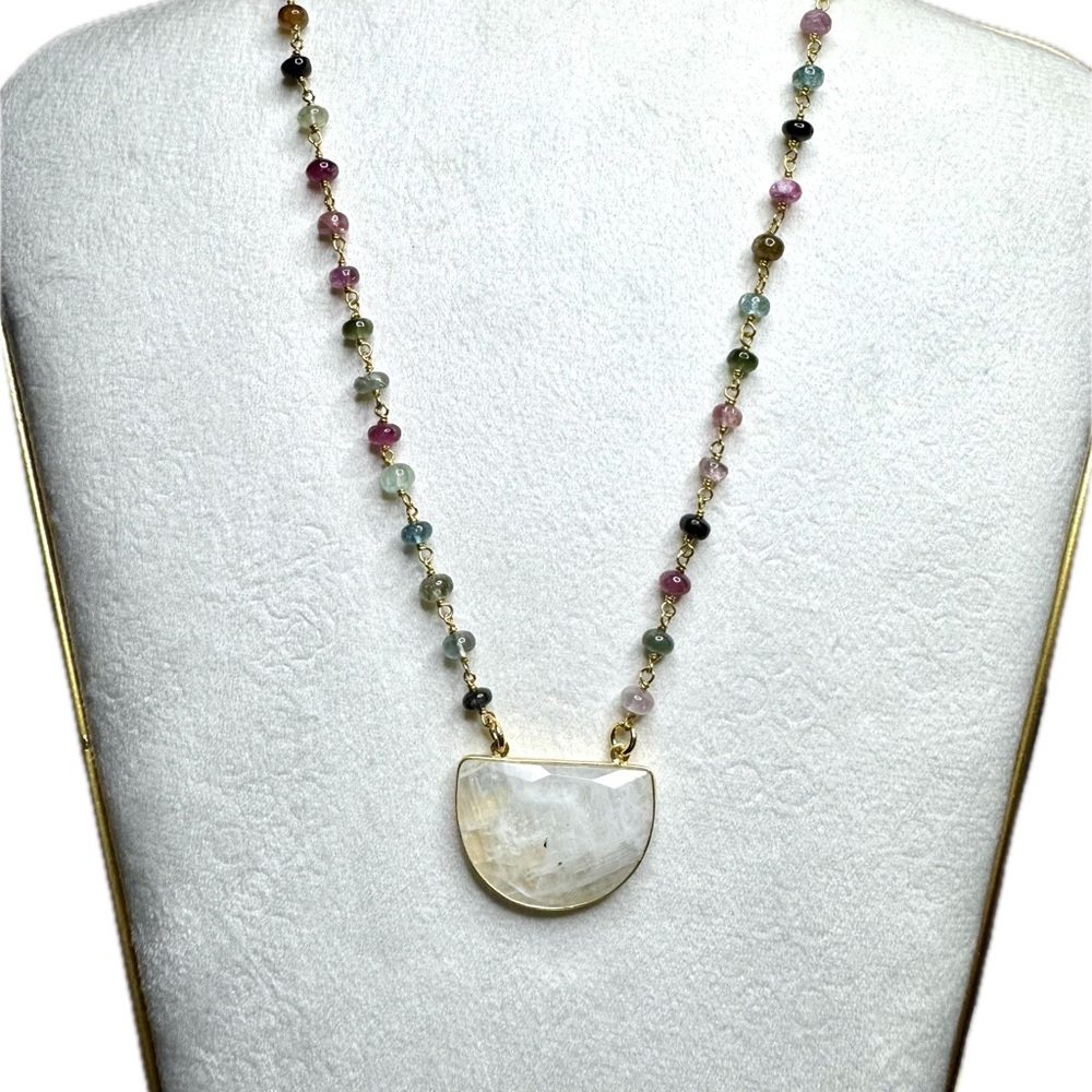 Delicate Multi-Tourmaline Beaded Necklace with Blue Fire Moonstone and Gold